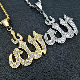 Hip Hop Iced Out Bling Islamic Allah Pendants Necklaces For Women And Men Stainless Steel Muslim Jewelry Wholesale