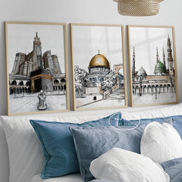 Islamic Landmarks Wall Art Poster Kaaba Mecca Dome of The Rock Masjid Nabawi Islamic Canvas Painting Art Nordic Home Decor Gifts