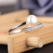 s925 Silver Simple Women Zircon Faux Pearl Adjustable Opening Ring(US Size 7)