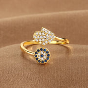YILUOCD Hamsa Fatima's Hand Open Rings Turkish Blue Cubic Zircon Evil Eye Ring Protection Amulet Islamic Jewish Jewelry