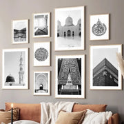 Modern Black and White Canvas Painting of Great Mosque of Mecca Kaaba Scripture Islamic Wall Art Poster for Living Room Decor El