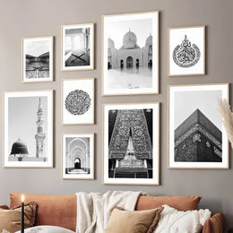 Modern Black and White Canvas Painting of Great Mosque of Mecca Kaaba Scripture Islamic Wall Art Poster for Living Room Decor El