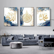 Islamic Arabic Calligraphy Poster Wall Art Abstract Blue Gold Printing Muslim Mural Living Room Home Decoration Painting