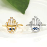 YILUOCD Hamsa Fatima's Hand Open Rings Turkish Blue Cubic Zircon Evil Eye Ring Protection Amulet Islamic Jewish Jewelry