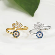 YILUOCD Hamsa Fatima's Hand Open Rings Turkish Blue Cubic Zircon Evil Eye Ring Protection Amulet Islamic Jewish Jewelry