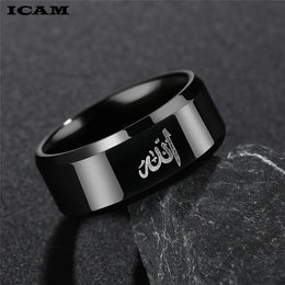 ICAM Arabic Islamic Scripture Rings 8MM Stainless Steel Muslim Prayer Band Ring For Men Religious Jewelry Male Anillo Masculino