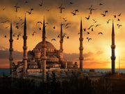 لوحات قماشية لمنظر غروب الشمس في مسجد إسلامي، ملصقات فنية، فن إسلامي، مناظر طبيعية واقعية، صور ديكورية، كوادروس