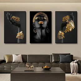 Silver Gold Color African Women Portrait Art Painting Canvas Print Poster Scandinavian Wall Art Picture for Living Room Decor