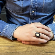 Retro Turkish Handmade Men Rings Vintage Carved Star Moon Pattern Red Zircon Rings Rock Punk Islamic Muslim Wedding Jewelry