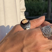 Retro Turkish Handmade Men Rings Vintage Carved Star Moon Pattern Red Zircon Rings Rock Punk Islamic Muslim Wedding Jewelry