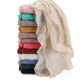 13 Color 80*180cm New Simple Silver Wire Wrinkle Plaid Solid Color Chain Gold Border Scarf Muslim Women Hijab Wrap Ramadan Islam