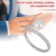 s925 Silver Simple Women Zircon Faux Pearl Adjustable Opening Ring(US Size 7)