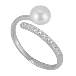 s925 Silver Simple Women Zircon Faux Pearl Adjustable Opening Ring(US Size 7)