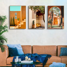 3 पीस/सेट बोहो इस्लामिक स्टाइल आर्किटेक्चर पोस्टर कैनवास पेंटिंग रेट्रो ब्राउन वॉल आर्ट घर लिविंग रूम सजावट के लिए बिना फ्रेम के