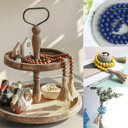 39 इंच लकड़ी मनका फार्महाउस लटकन के साथ, बहुमुखी प्रार्थना मोती बोहो ठाठ दीवार लटकन घर सजावट (बहु रंग)