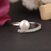 s925 Silver Simple Women Zircon Faux Pearl Adjustable Opening Ring(US Size 7)