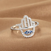 YILUOCD Hamsa Fatima's Hand Open Rings Turkish Blue Cubic Zircon Evil Eye Ring Protection Amulet Islamic Jewish Jewelry