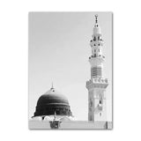 Modern Black and White Canvas Painting of Great Mosque of Mecca Kaaba Scripture Islamic Wall Art Poster for Living Room Decor El