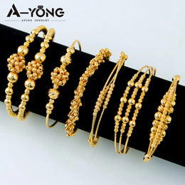 Nigeria Wedding Jewelry Bracelet 21k Gold Plated Muslim Multi Layer Beads Opening Bangles Dubai Women Bridal Vintage Jewelrys