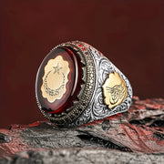 Retro Turkish Handmade Men Rings Vintage Carved Star Moon Pattern Red Zircon Rings Rock Punk Islamic Muslim Wedding Jewelry