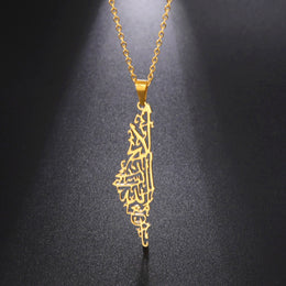 Stainless Steel Necklace For Women Men Palestine Israel Map Islamic Script Hollow Pendant Necklace Engagement Jewelry