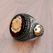 Retro Turkish Handmade Men Rings Vintage Carved Star Moon Pattern Red Zircon Rings Rock Punk Islamic Muslim Wedding Jewelry